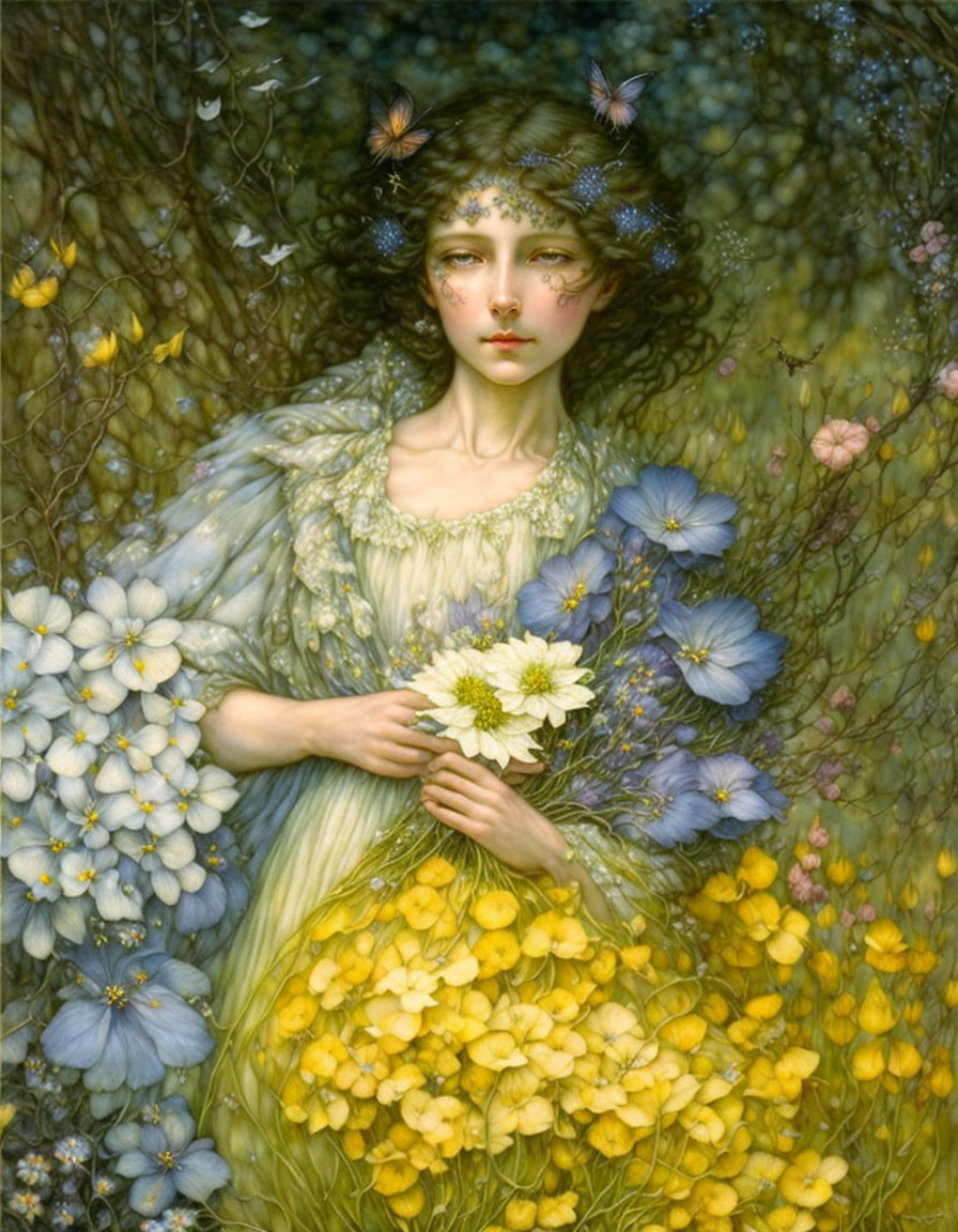 Ethereal woman surrounded by blooming flora and yellow flowers