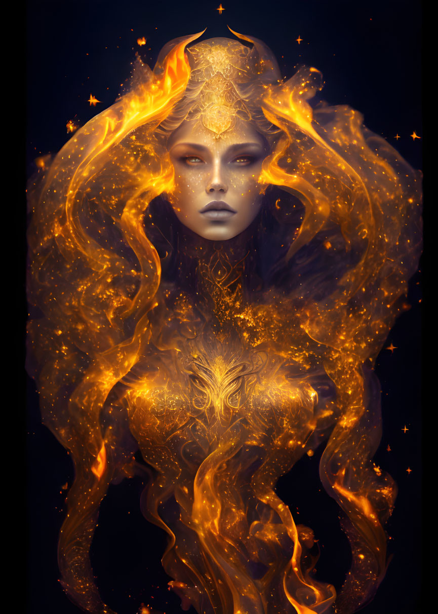 Mystical female figure with golden flame hair in dark setting