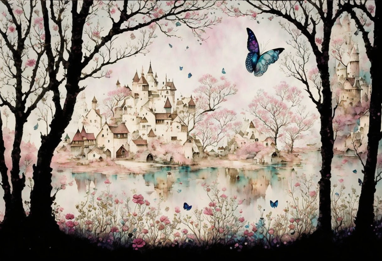 Fairytale castle surrounded by pink trees and butterflies near a calm lake