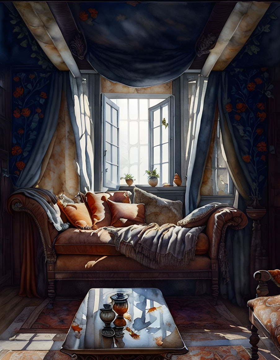 Sunlit Room with Elegant Sofa, Reflective Coffee Table, Blue Curtains, and Floral Window View