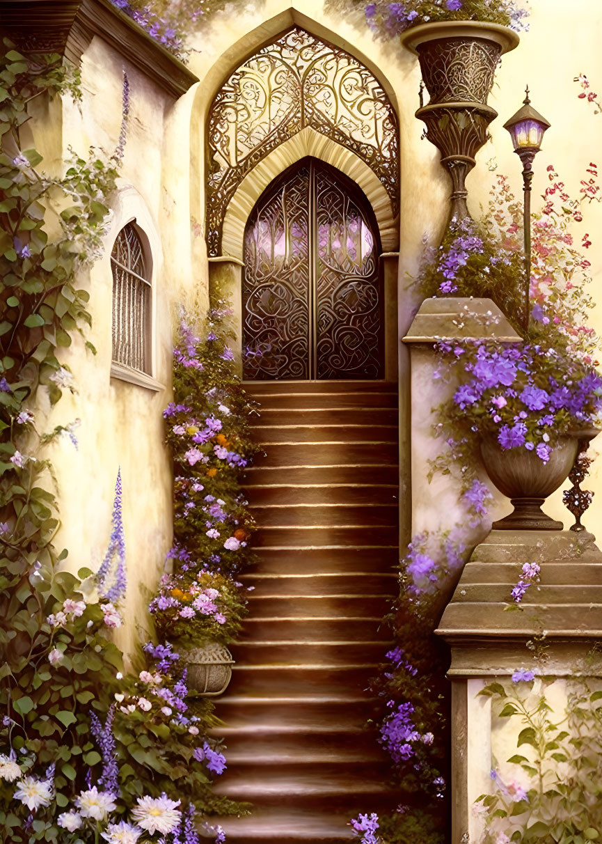 Golden door atop stone staircase surrounded by purple flowers and greenery on whimsical facade