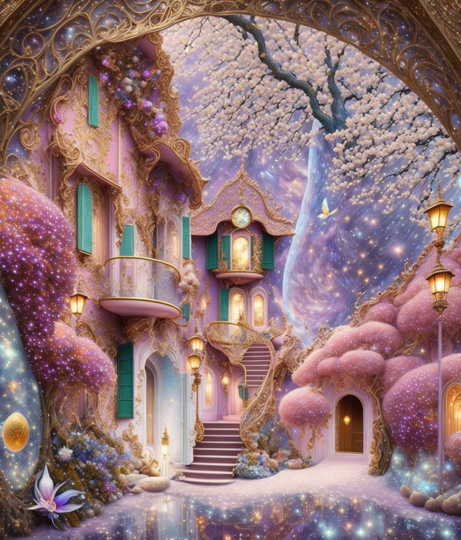 Whimsical pink house in fantasy landscape with glowing lanterns