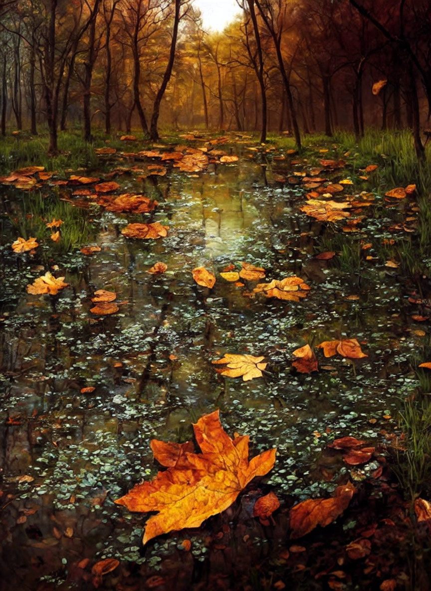 Tranquil forest landscape with waterlogged path and fallen amber leaves