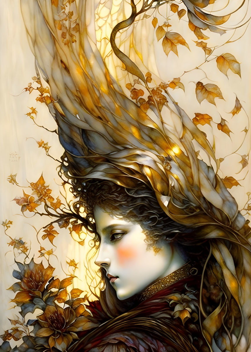 Ethereal figure with flowing hair and autumn leaves.