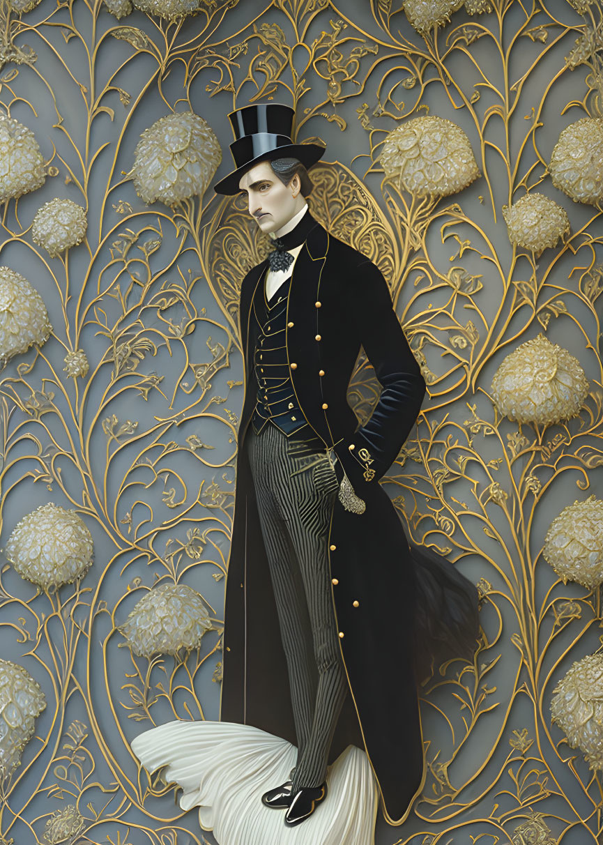 Victorian man in top hat and cane on golden floral backdrop