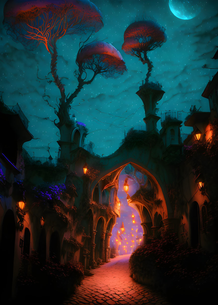 Fantasy cobblestone alley at night with glowing lanterns and whimsical tree-shaped buildings.