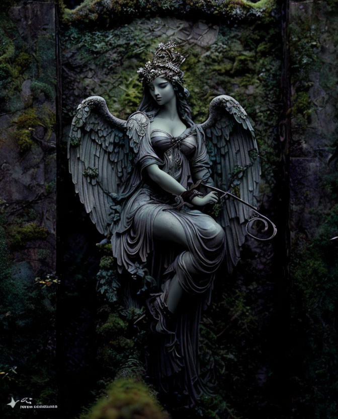 Angel statue with wings, crown, and key on moss-covered stones