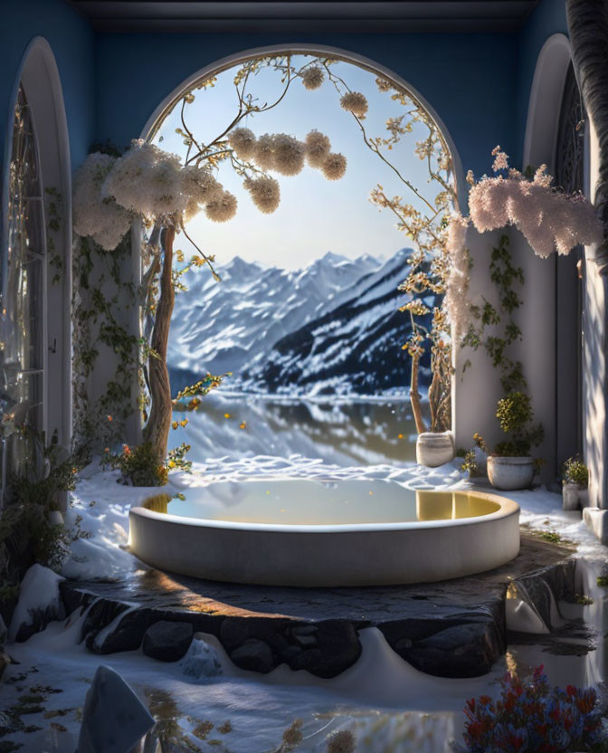 Round Bathtub with Snowy Mountain View and Stone Arch Surrounding