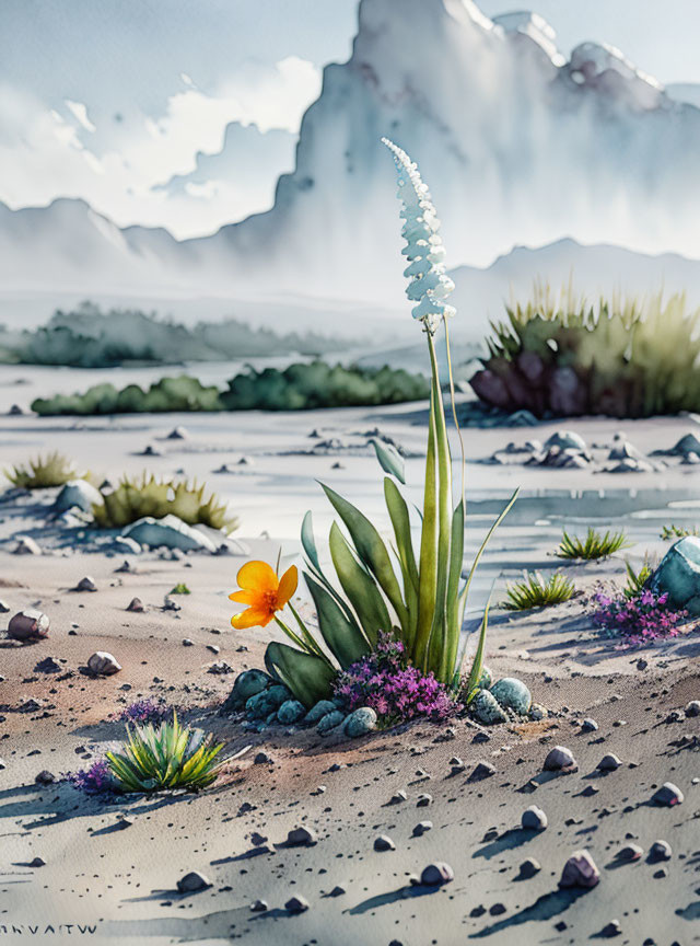 Orange flower blooming among succulents on sandy riverbank with misty mountains and lush greenery