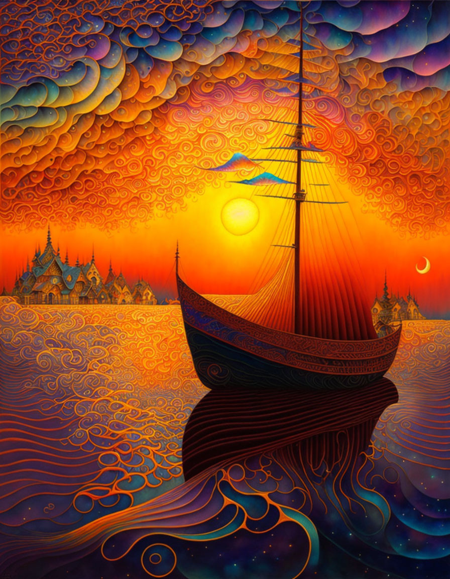 Colorful painting of ornate ship at sea with sunset sky and whimsical ocean.