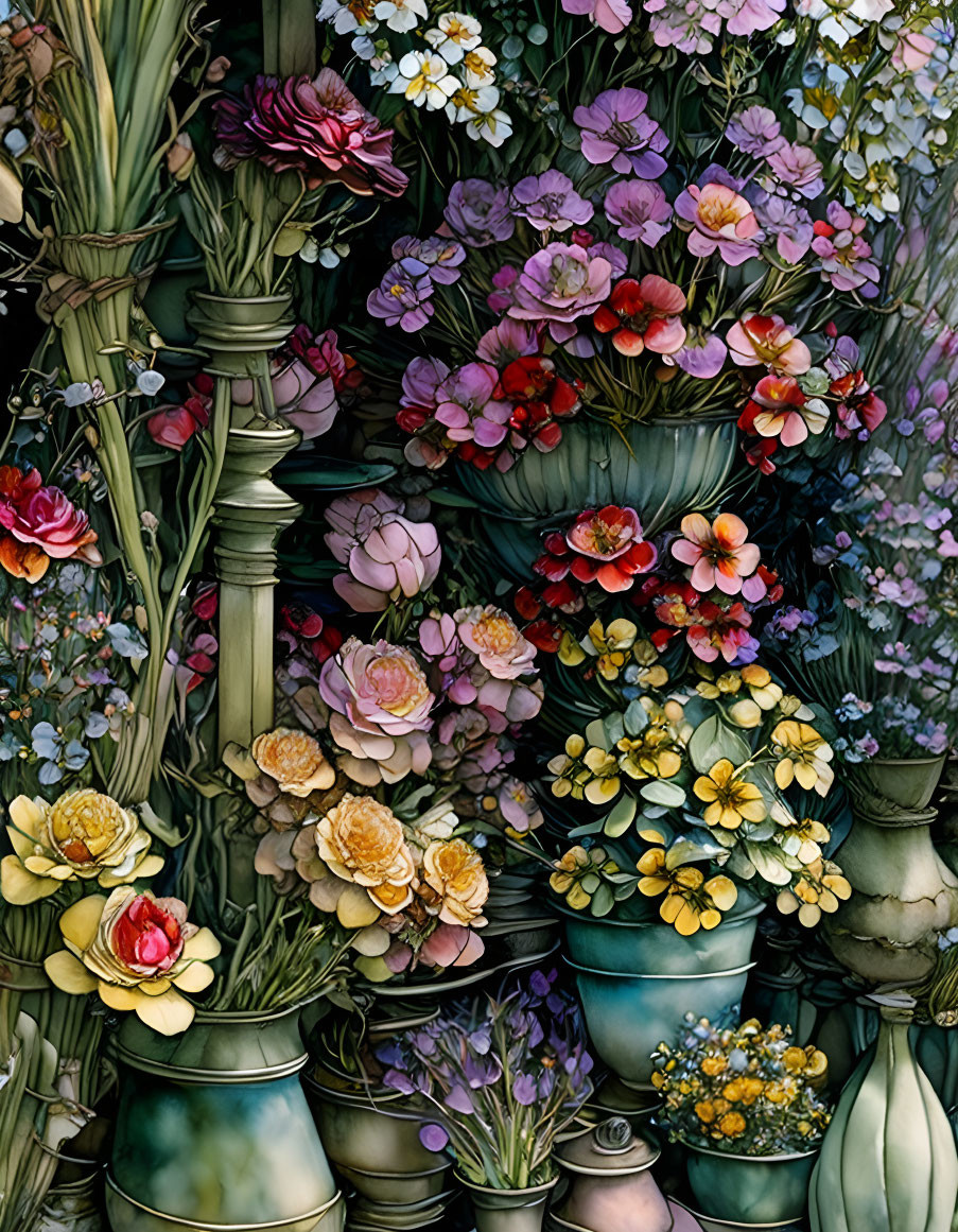 Colorful Flower Arrangement in Green and Pastel Vases