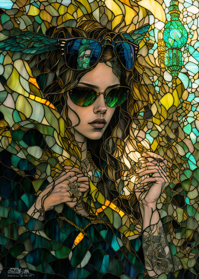 Colorful Stained Glass Style Artwork of Person with Sunglasses