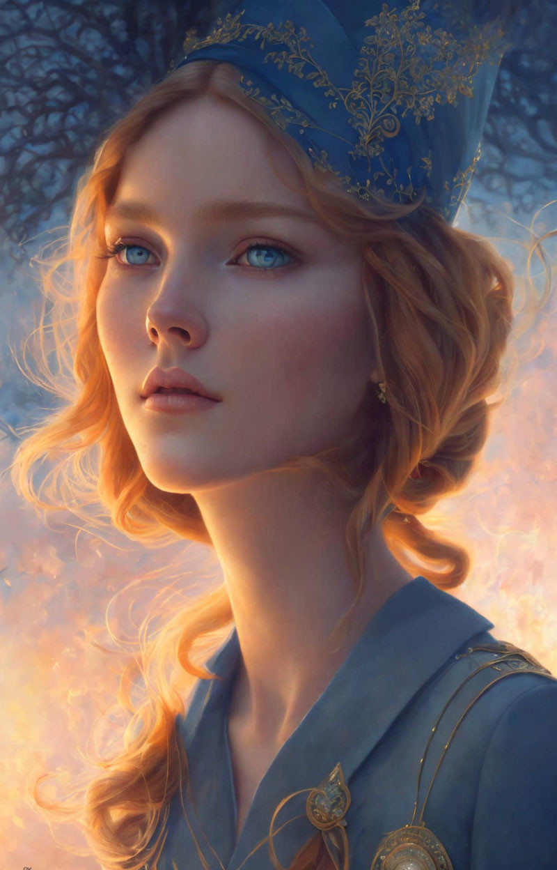 Digital portrait: Young woman with blue eyes, golden wavy hair, blue decorated hat, gazing