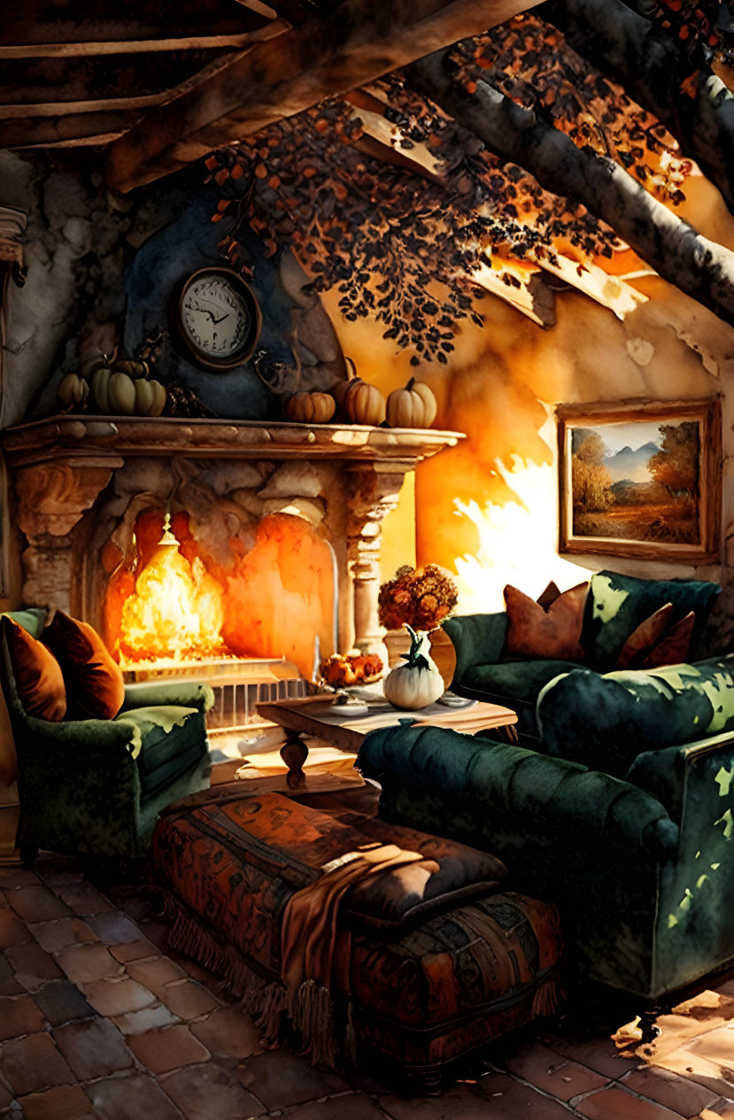 Rustic room with green armchairs, fireplace, autumn decor & wall clock