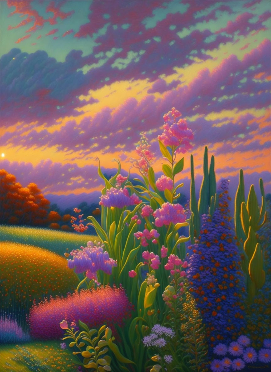 Colorful Flower-Filled Meadow Painting at Sunset