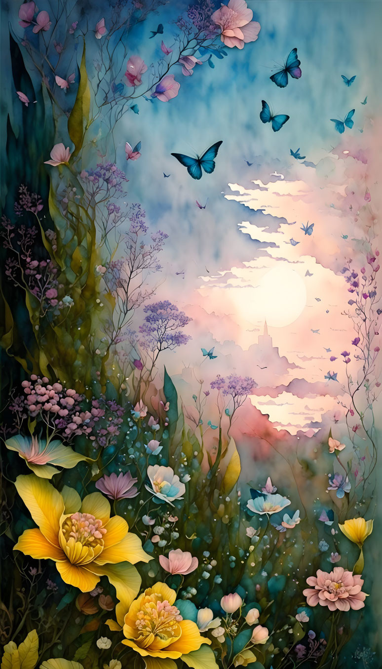 Colorful garden painting with butterflies, flowers, and castle silhouette