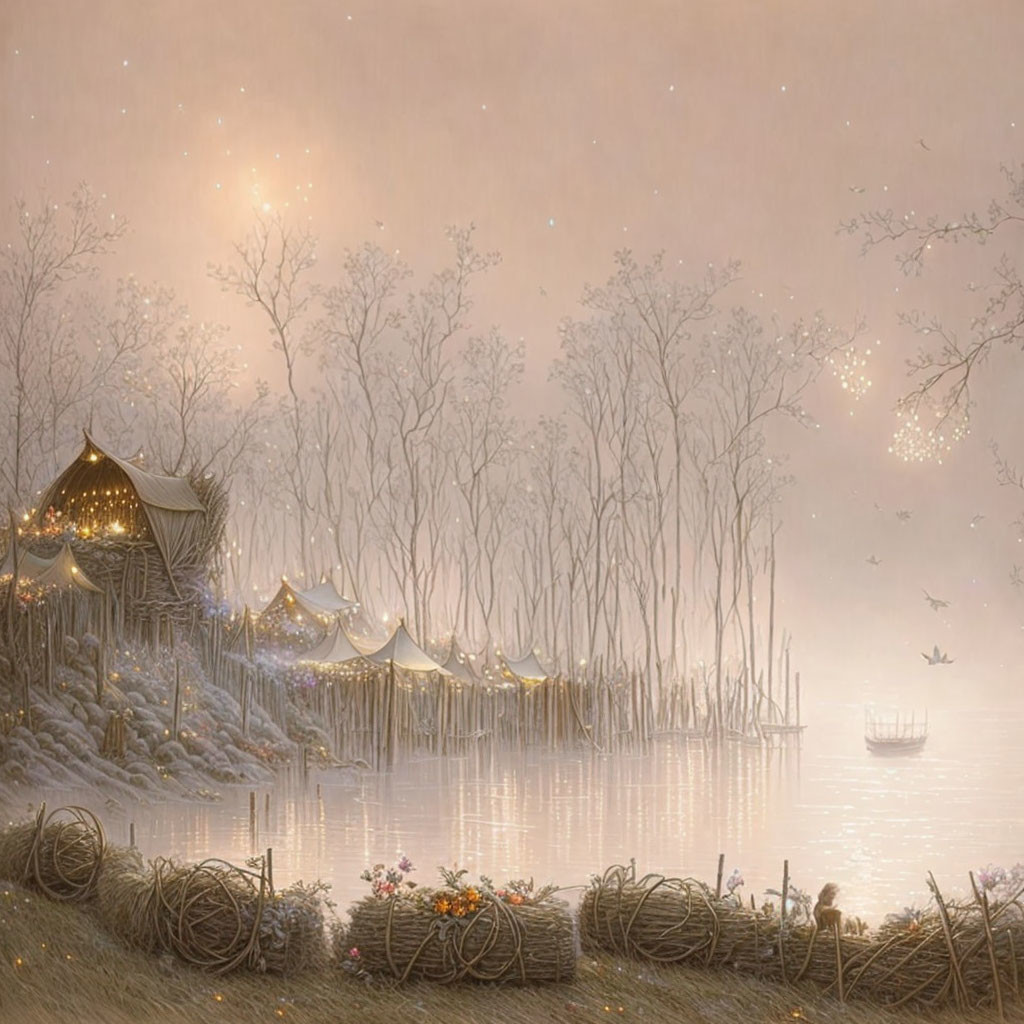 Serene lakeside scene with huts, boat, bare trees, stars, and pink flowers