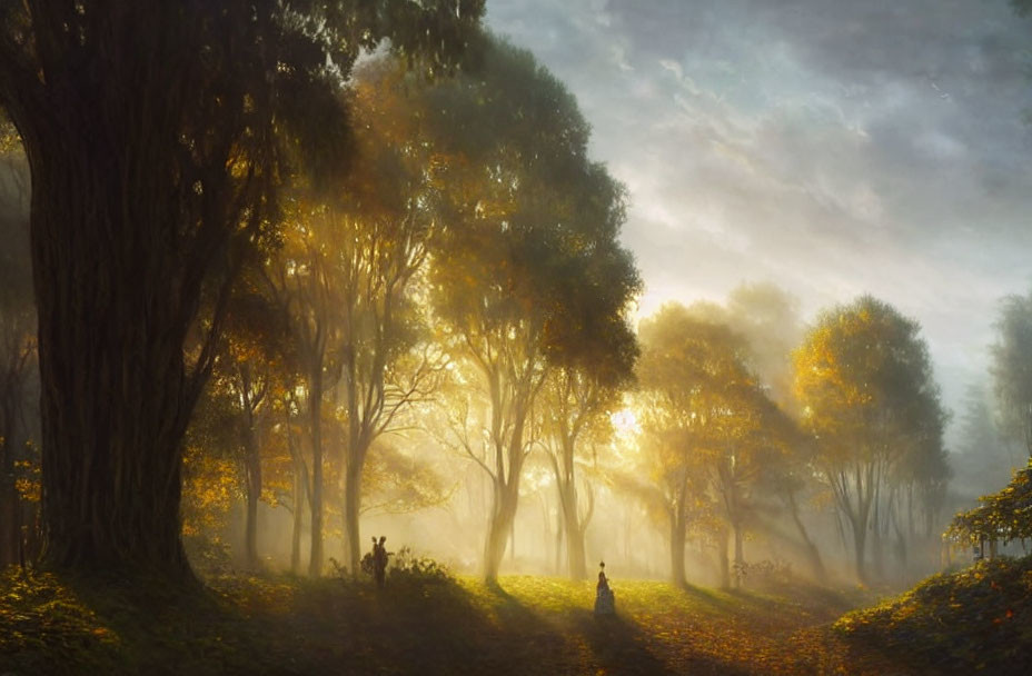 Misty forest with tall trees and person at dawn or dusk