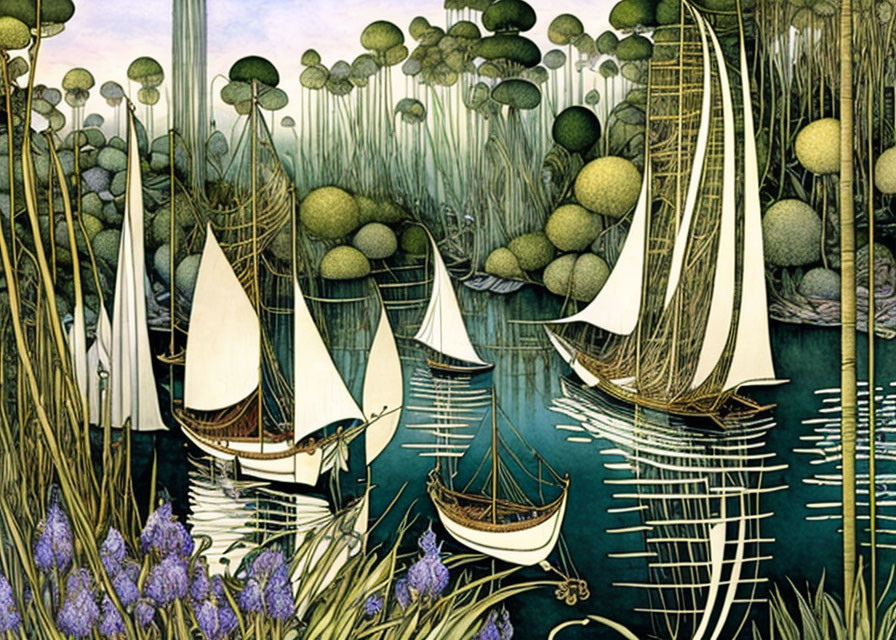 Tranquil sailboats scene with reed-filled waterway & spherical plants