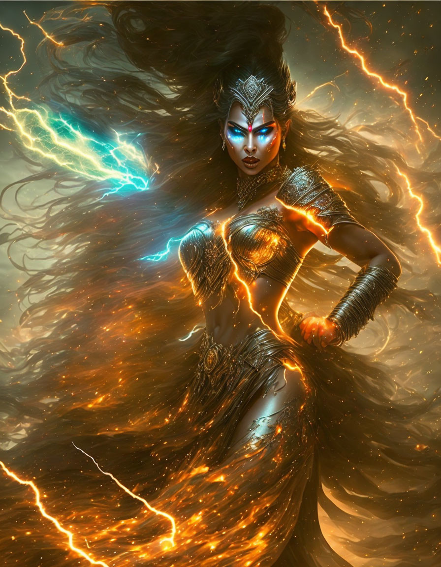 Armored female warrior in fiery and electric surroundings