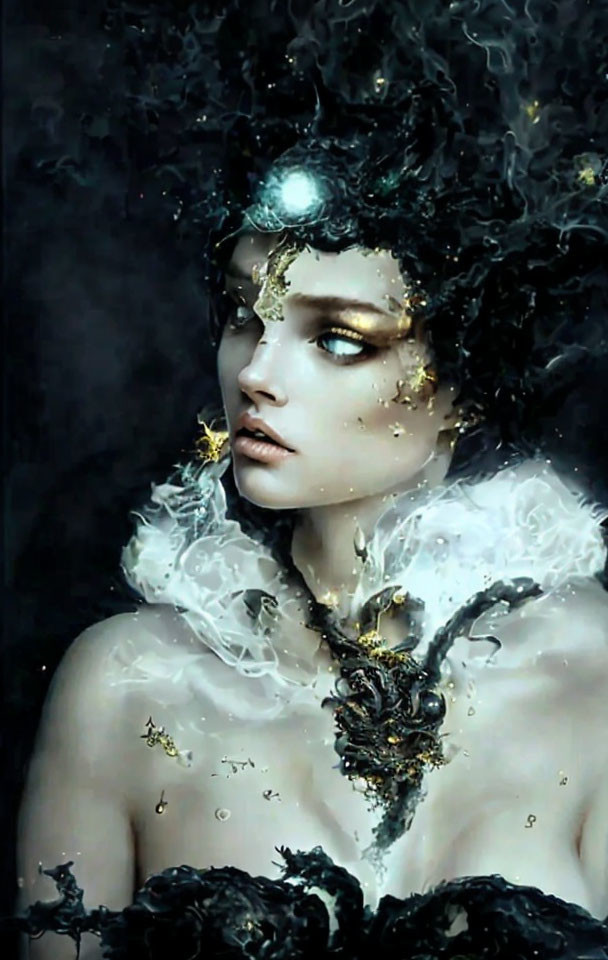 Mystical portrait of a woman with dark hair and golden accents