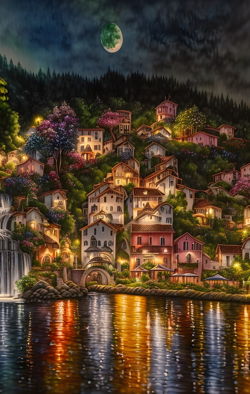 Moonlit village nestled in lush hills beside a waterfall