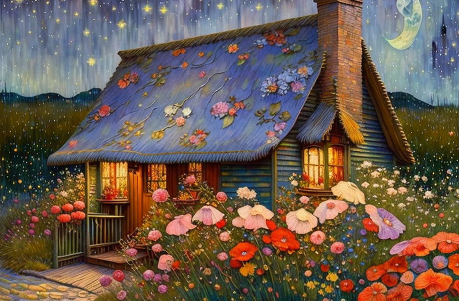 Quaint cottage with floral roof under starry night sky