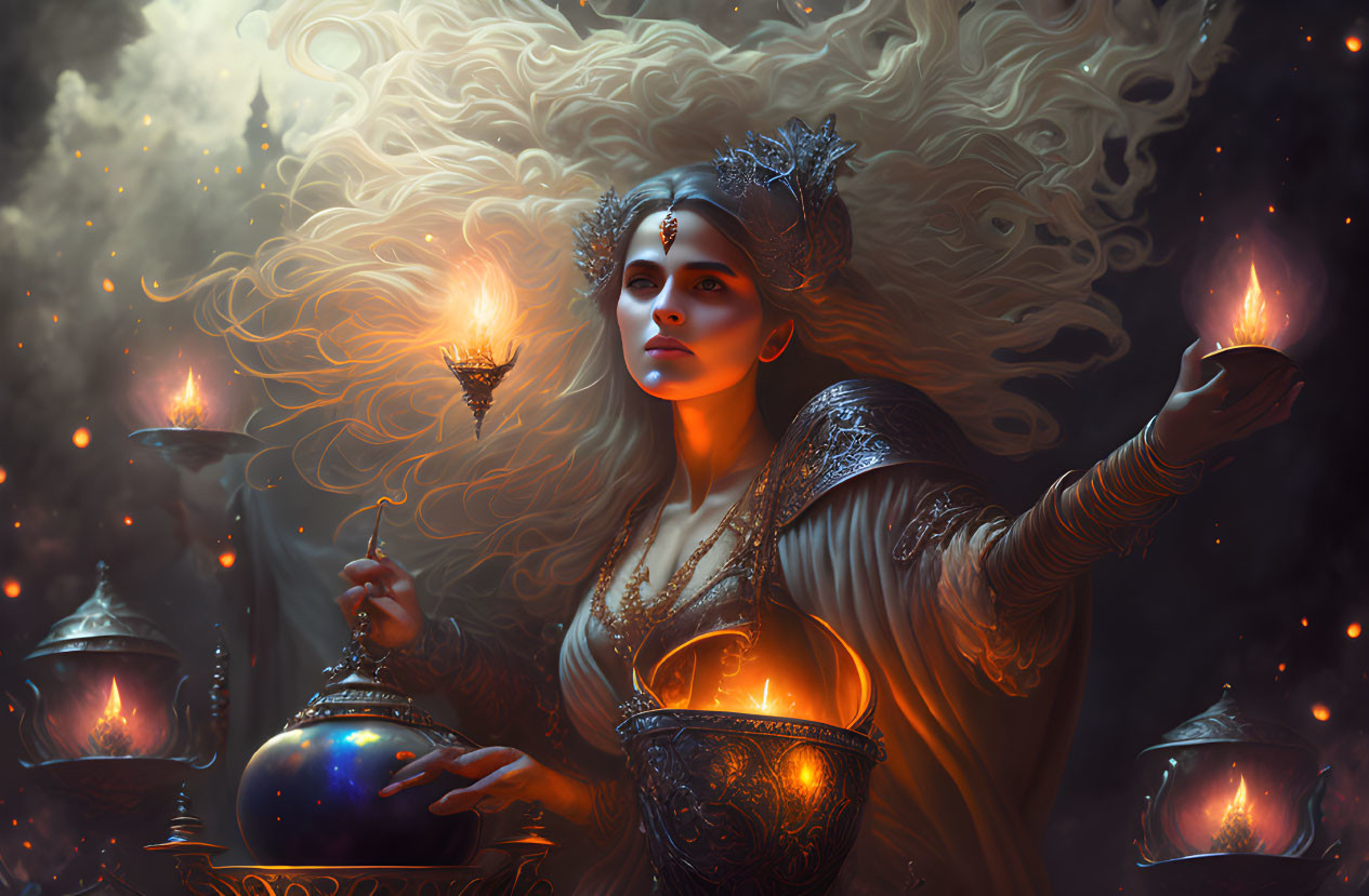 Elaborate headdress woman with glowing orb and floating lanterns in mystical setting