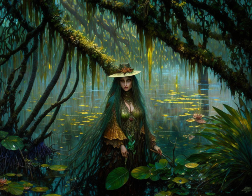 Mystical female figure in nature-inspired attire by forest pond