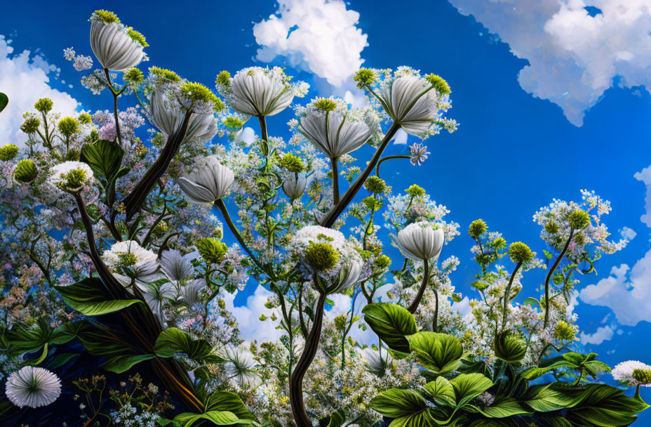 Colorful flowers and foliage under a blue sky with fluffy clouds