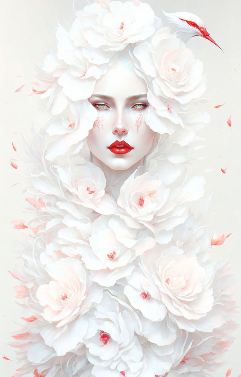 Surreal portrait of woman with pale skin, white roses, red lips, and bird