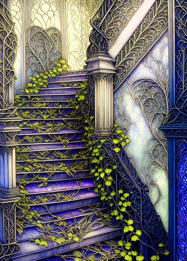 Intricate Blue and Violet Staircase with Green Vines