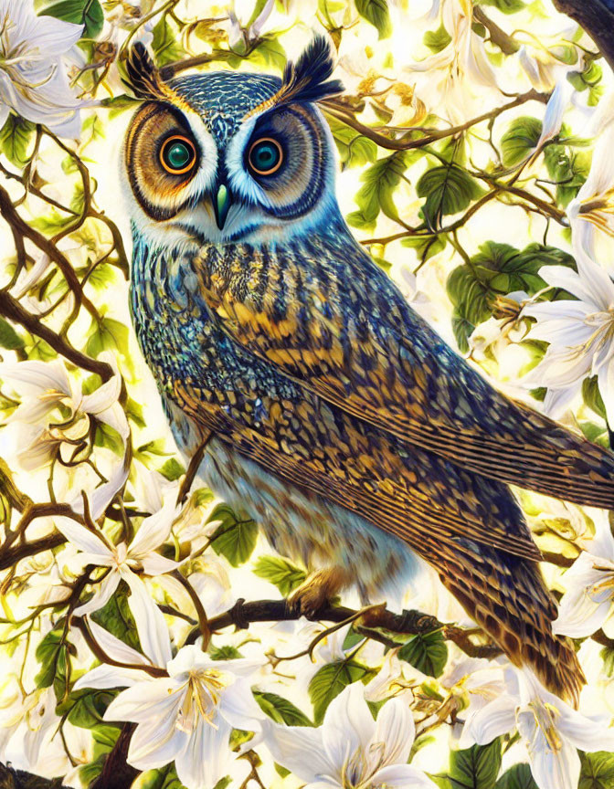 Vibrant owl perched on branch with blooming flowers