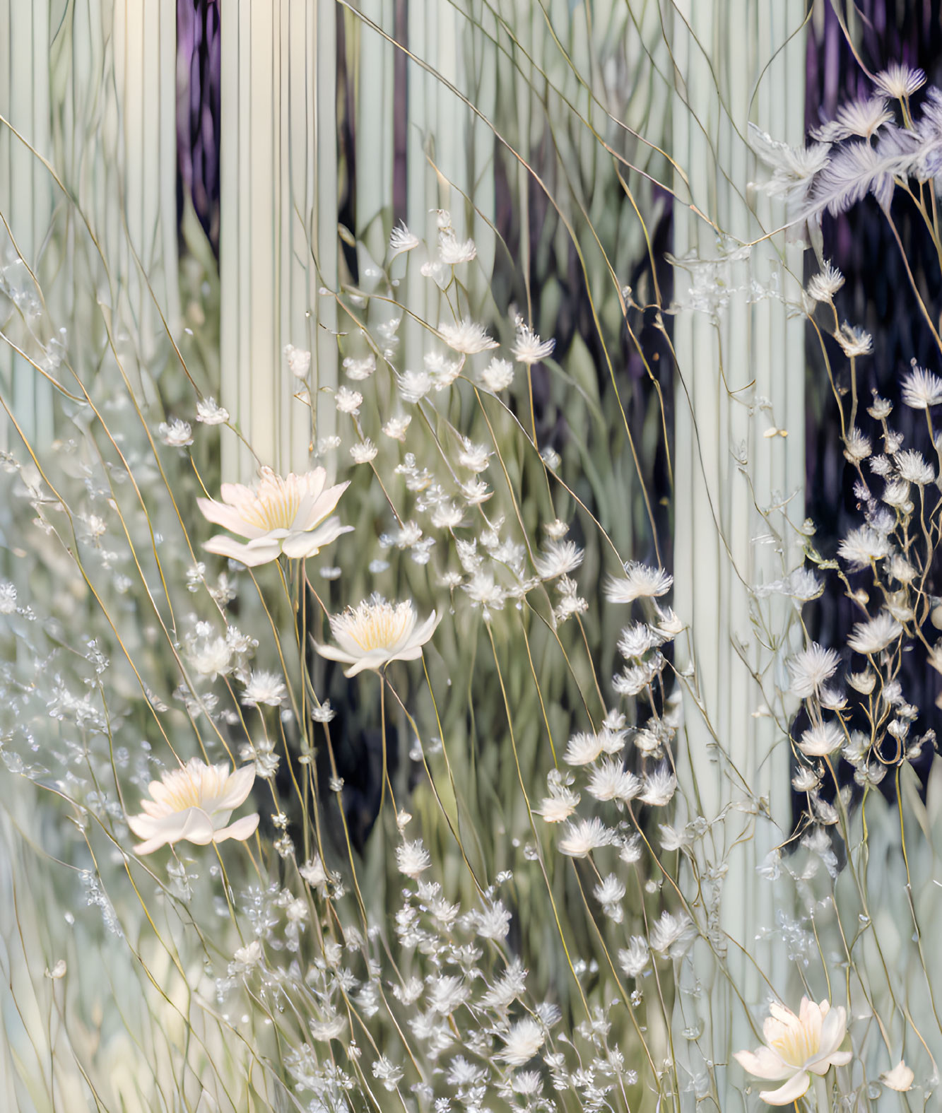 White Flowers and Feathery Foliage on Striped Pastel Background