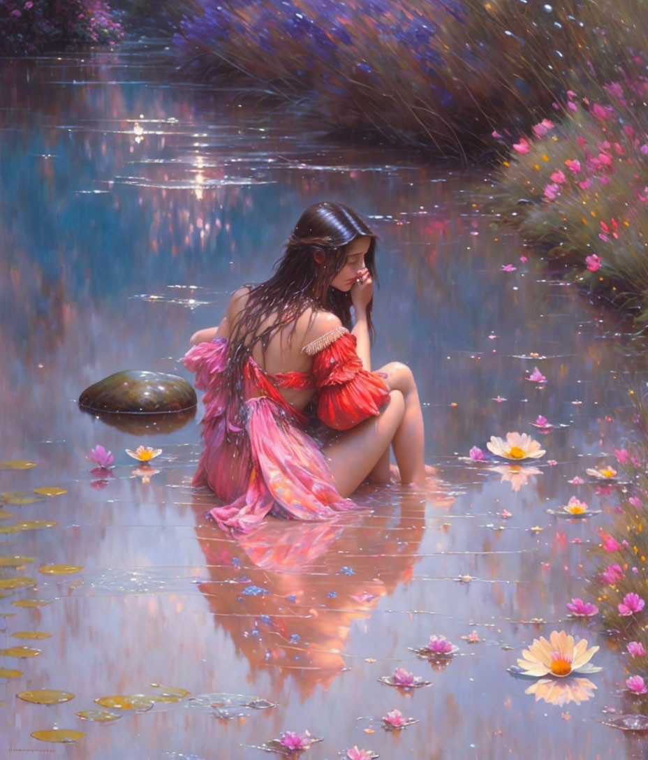 Dark-haired woman in vibrant pink gown by serene waterway in colorful nature scene