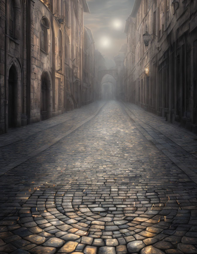 Historic European cobblestone street with old buildings in foggy atmosphere