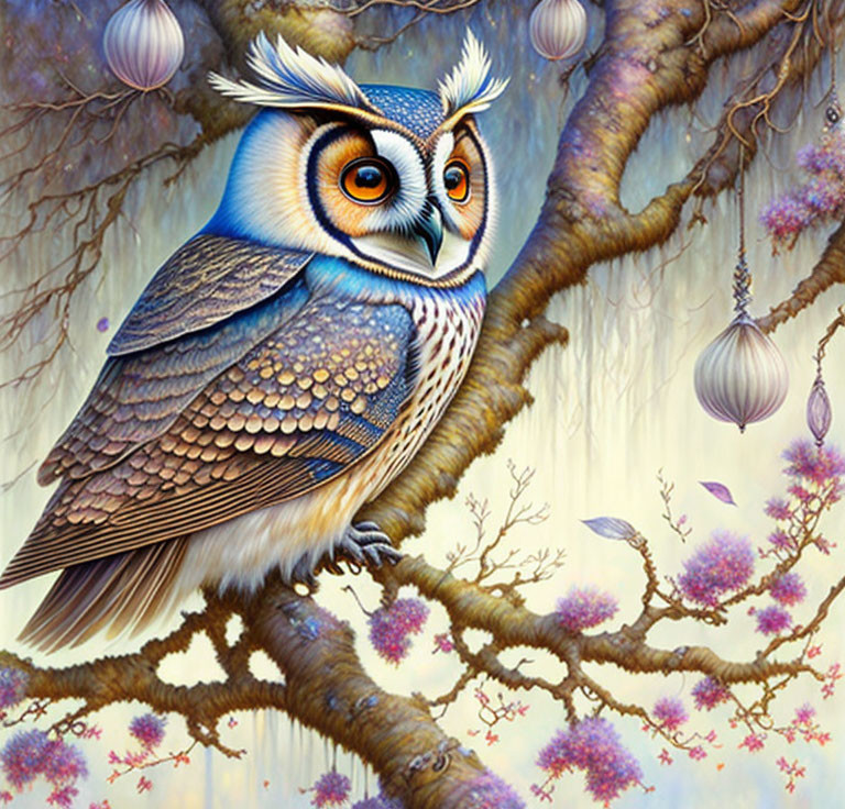 Colorful owl on flowering branch against mystical background