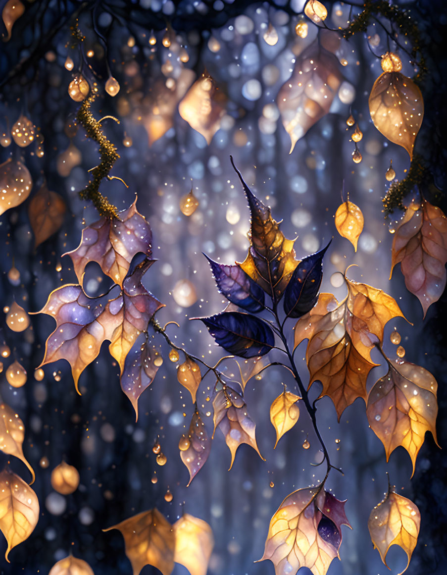 Autumn leaves in rain against blue and white bokeh backdrop