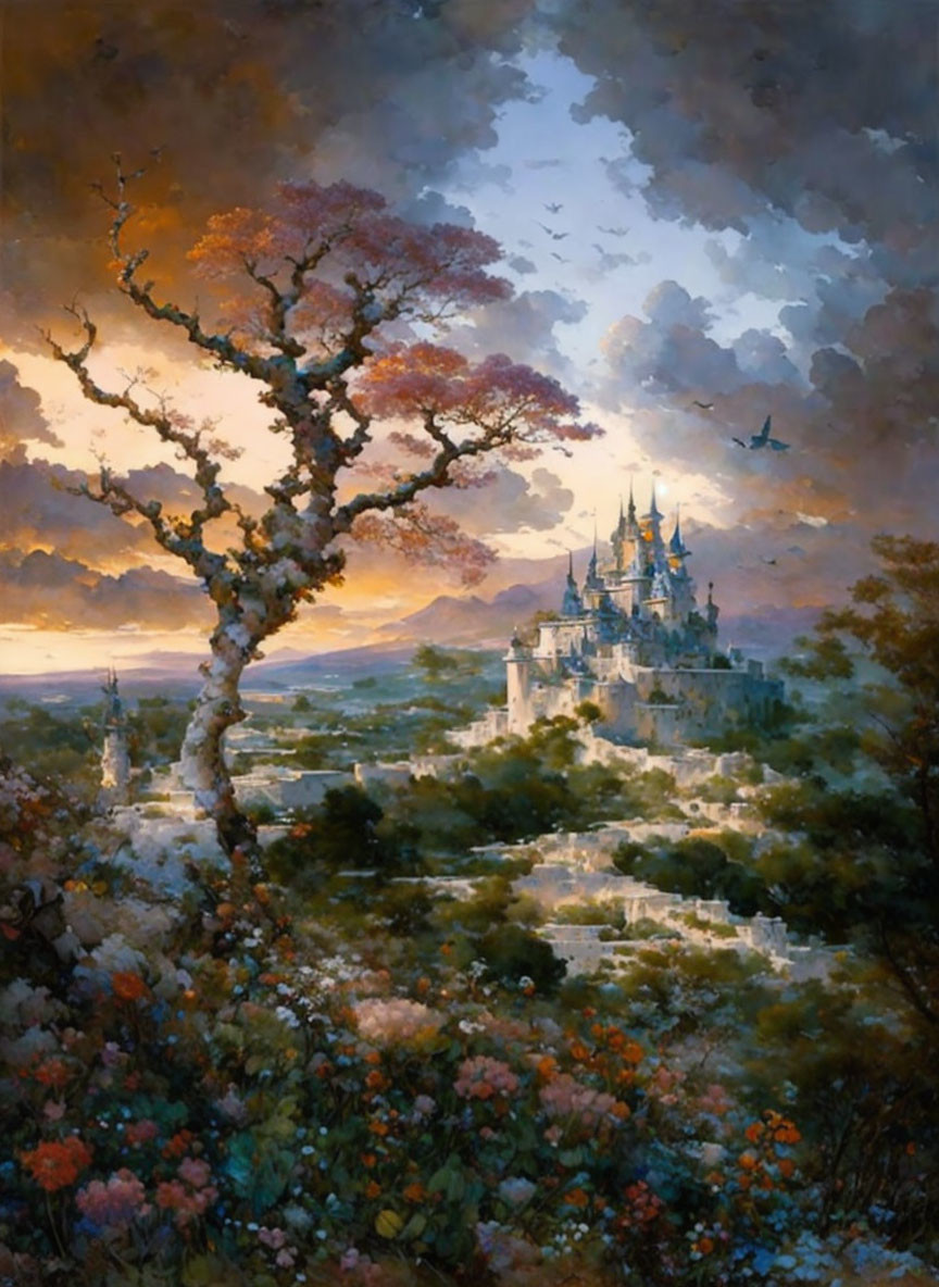 Scenic landscape with tree, flowers, castle, sky, and birds