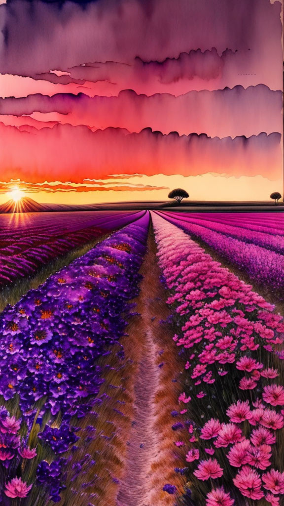 Colorful sunset over flower field with central path under dramatic sky