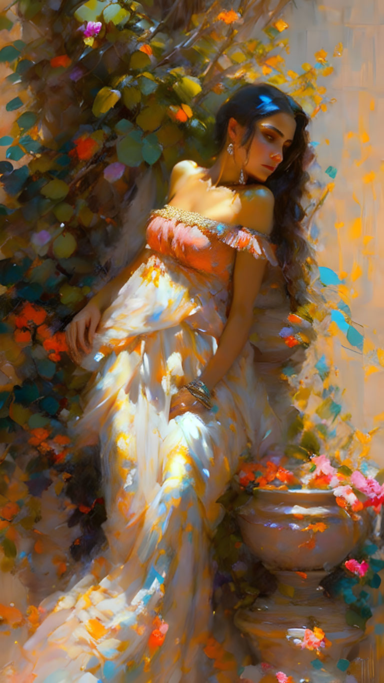 Woman in off-shoulder dress by flower bowl in sunlit scene