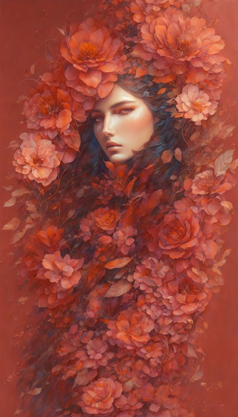 Woman portrait surrounded by coral flowers