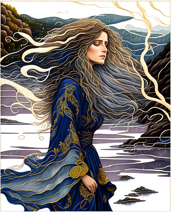 Illustrated woman with long hair in blue and gold dress by stylized sea.