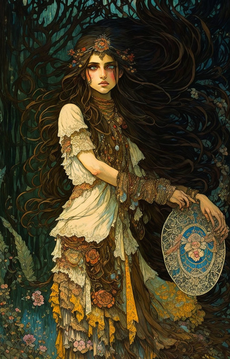 Illustrated woman in bohemian attire with tambourine, surrounded by foliage.