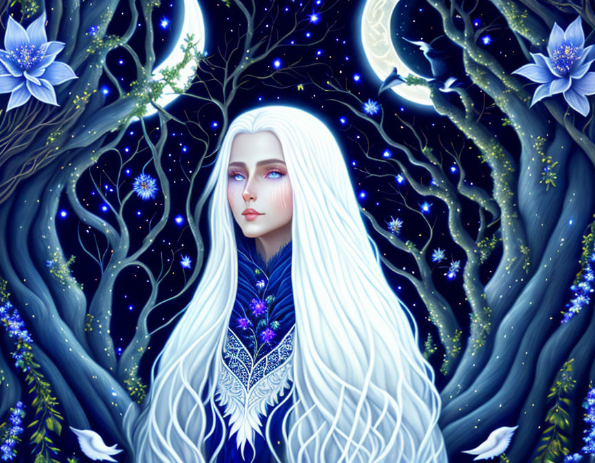 Ethereal illustration of woman in mystical blue forest