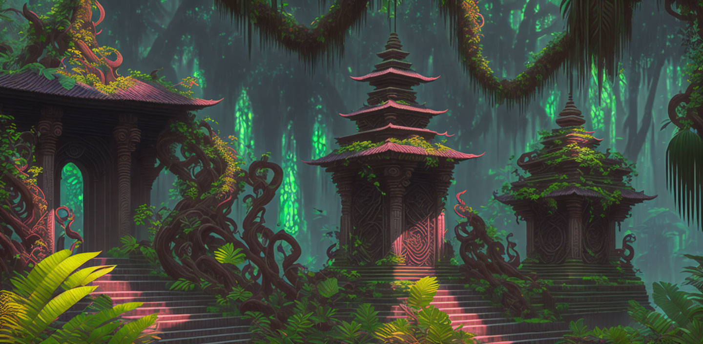 Mystical jungle scene with Asian-style pagodas, glowing plants, and misty ambiance