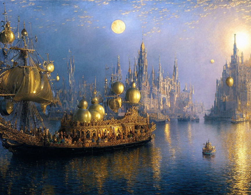 Fantastical night cityscape with illuminated buildings, ships, and large moon