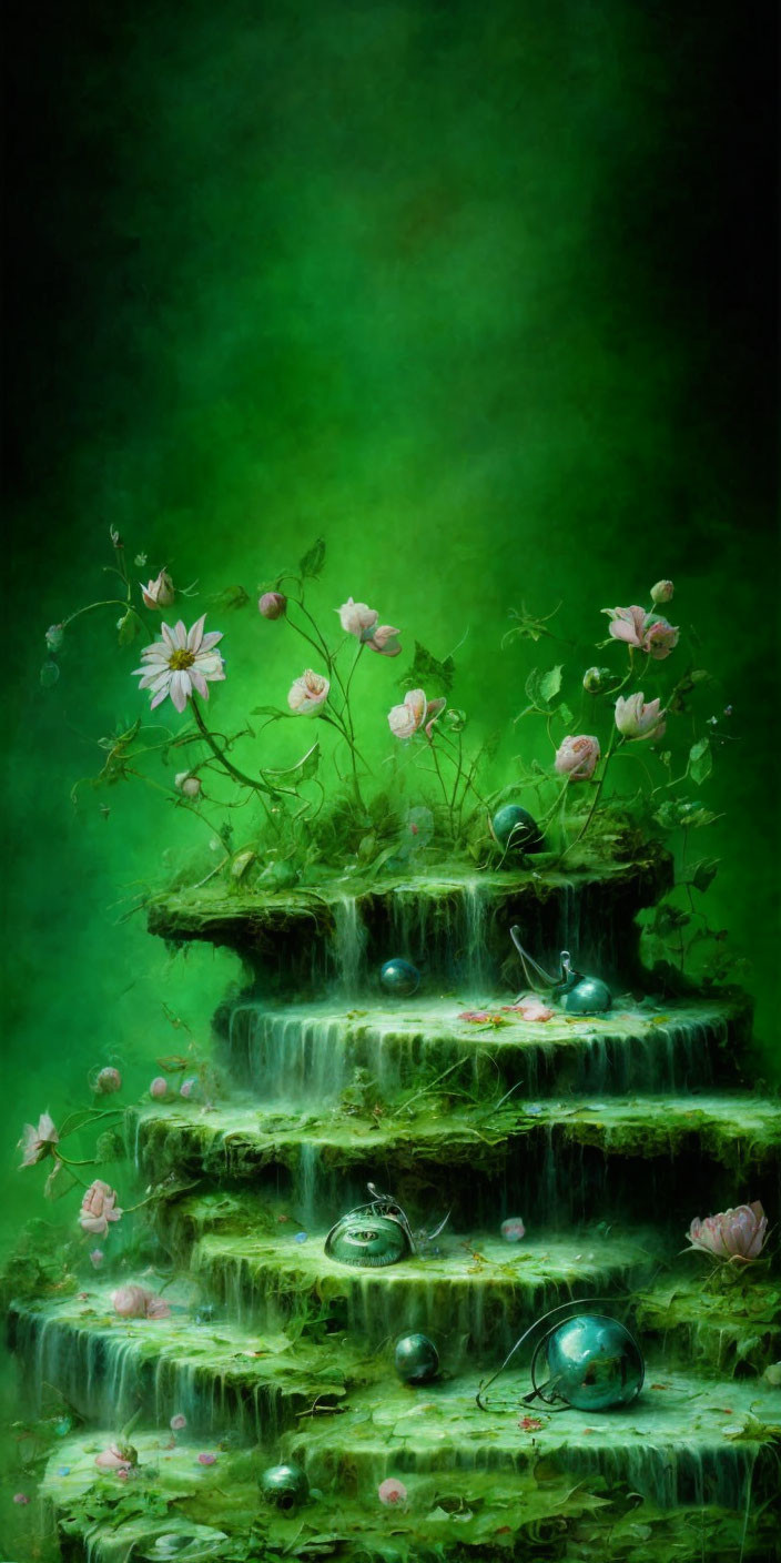 Green-toned painting of flower-covered cascade with submerged pocket watches and baubles on mossy steps