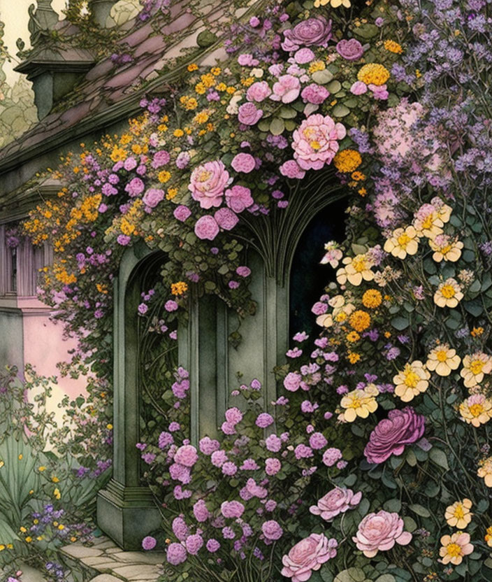 Ornate arched doorway with vibrant flowers in pink, purple, and yellow on twilight backdrop.