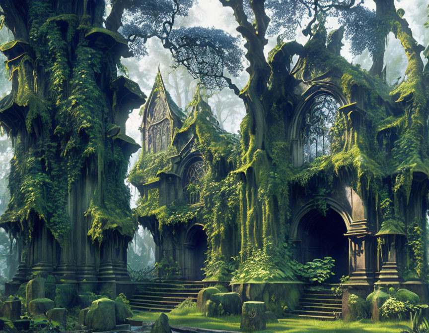 Moss-covered forest temple with towering trees and intricate stonework